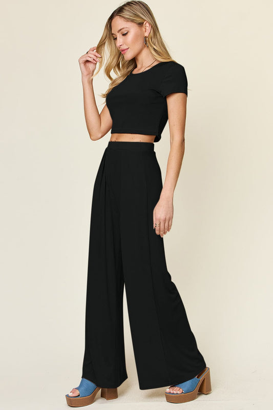 Double Take Full Size Round Neck Top and Pants Set