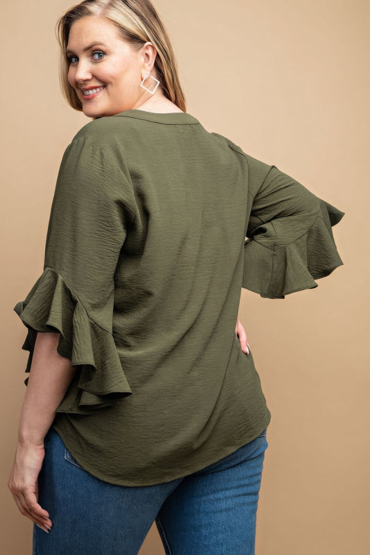 Ruffled Bell Sleeve And Front Pleated Detail Top