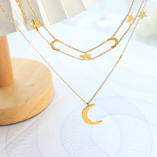 Star & Moon Titanium Steel Layered Necklace