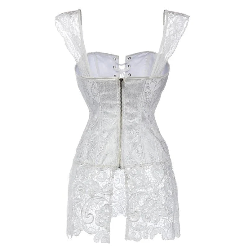 White lace corset mini dress with a front zipper, lace shoulder straps, and a lace hem, shown against a plain white background.