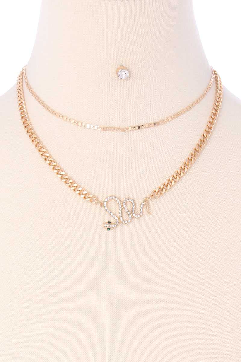 2 Layered Metal Chain Rhinestone Snake Pendant Necklace Earring Set - Fashion Quality Boutik