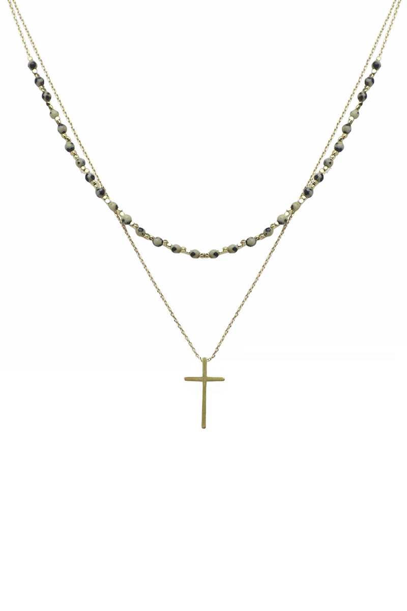 2 Layered Metal Chain Seed Bead Cross Pendant Necklace - Fashion Quality Boutik