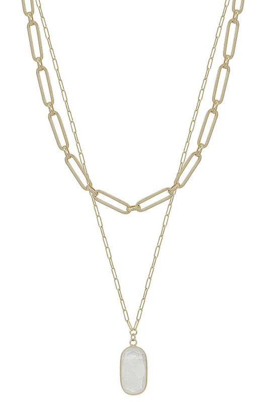 2 Layered Metal Chain Stone Pendant Necklace - Fashion Quality Boutik