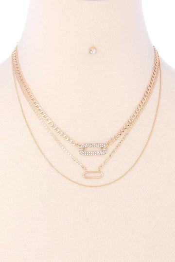 3 Layered Metal Chain Rhinestone Oval Pendant Necklace Earring Set - Fashion Quality Boutik