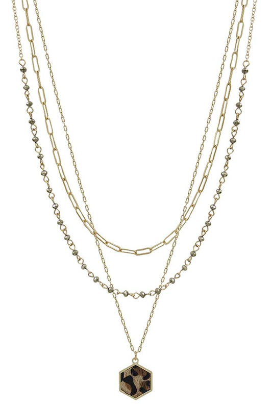 3 Layered Metal Crystal Bead Chain Hexagon Leopard Pendant Necklace - Fashion Quality Boutik