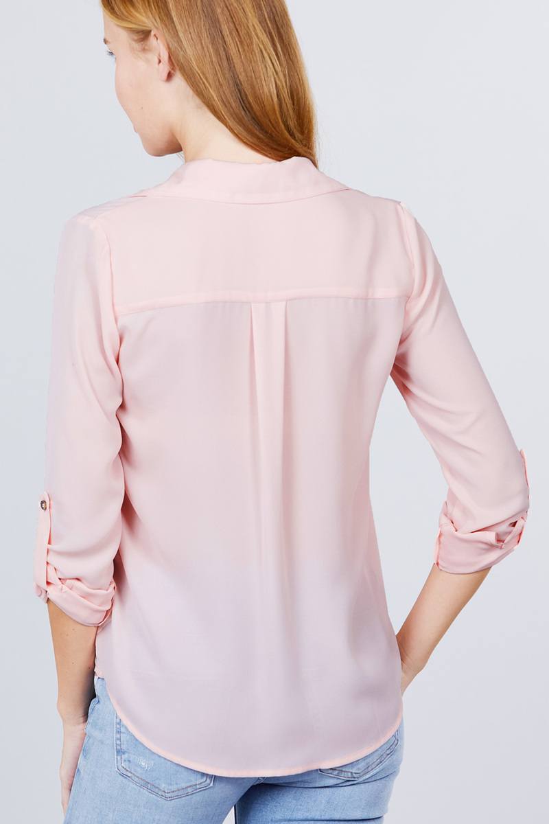 3/4 Roll Up Sleeve Pocket W/zipper Detail Woven Blouse - Fashion Quality Boutik