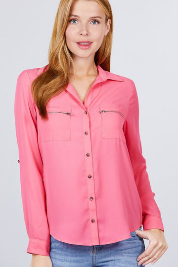 3/4 Roll Up Sleeve Pocket W/zipper Detail Woven Blouse - Fashion Quality Boutik