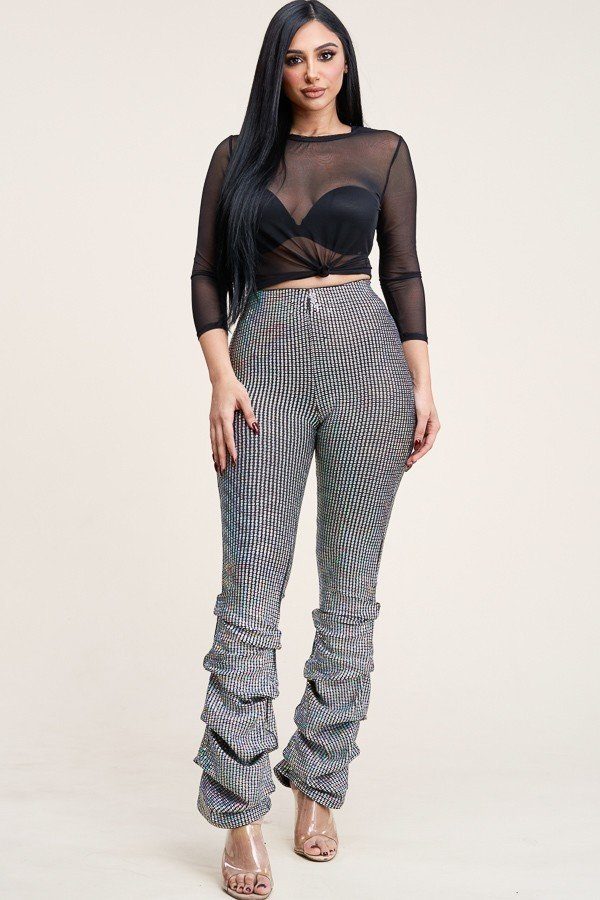 3/4 Sleeve Power Mesh Top And Holographic Stacked Pants - Fashion Quality Boutik