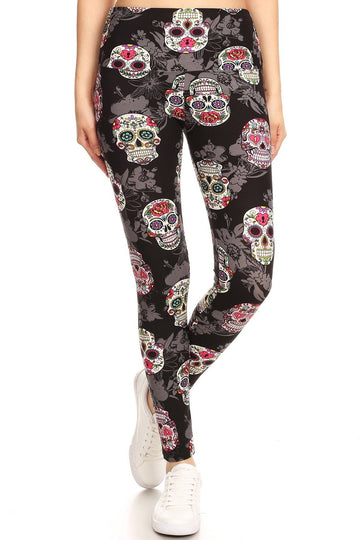 5-inch Long Yoga Style Banded Lined Skull Printed Knit Legging With High Waist - Fashion Quality Boutik