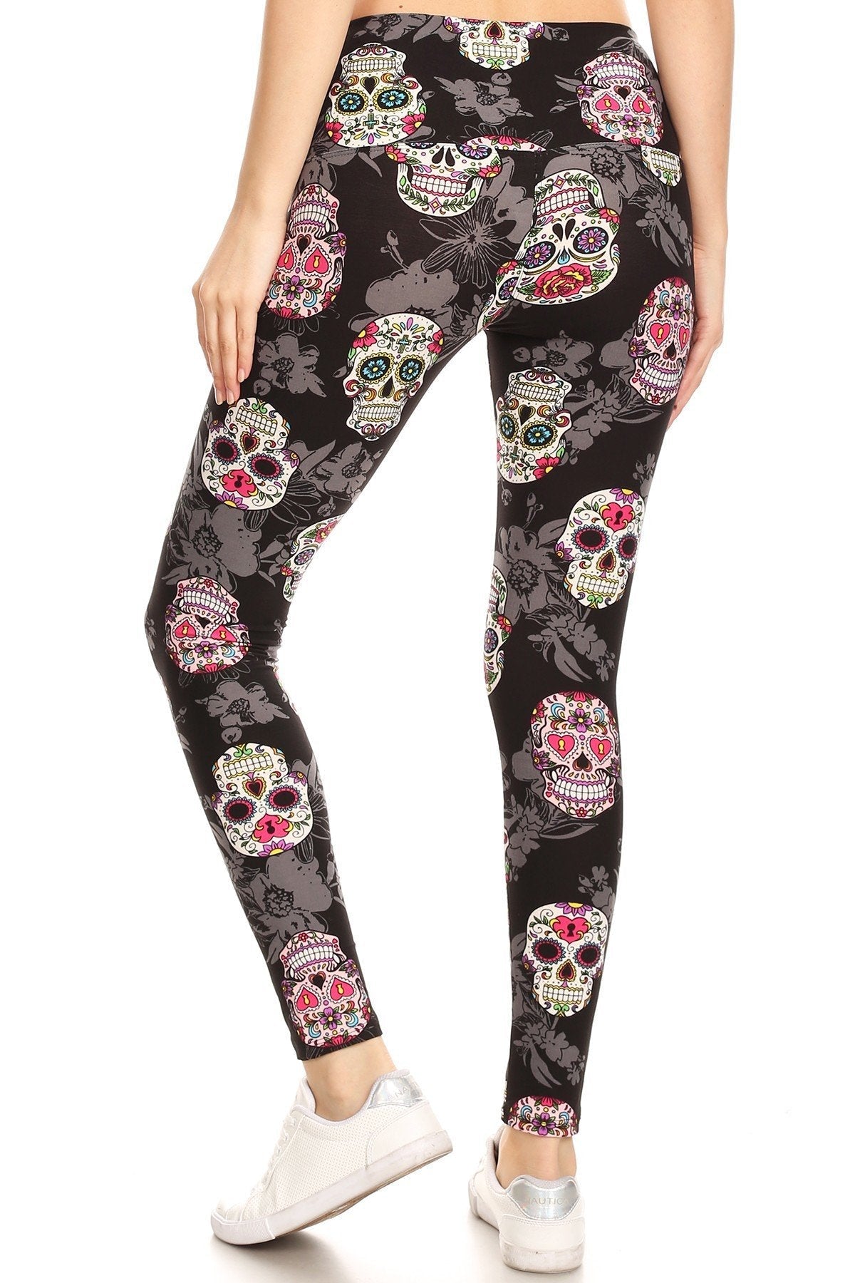 5-inch Long Yoga Style Banded Lined Skull Printed Knit Legging With High Waist - Fashion Quality Boutik