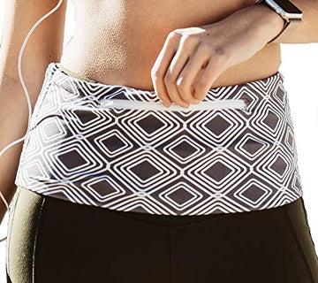 FusionBelts Patented Zipper On Zipper Off Stretch Belt | Travel, Running Belt for Women Men | Fashionable Anti Fanny Pack | 2 Easily Accessible Front & Back Pockets - Go Hands Free | Grey Diamonds - Fashion Quality Boutik