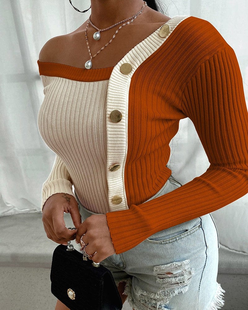 V neck Colorblock Buttoned Knit Long Sleeve Chic Sweater - Fashion Quality Boutik