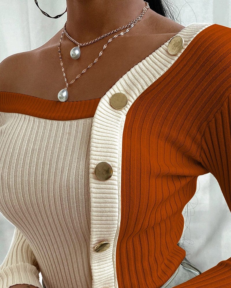 V neck Colorblock Buttoned Knit Long Sleeve Chic Sweater - Fashion Quality Boutik