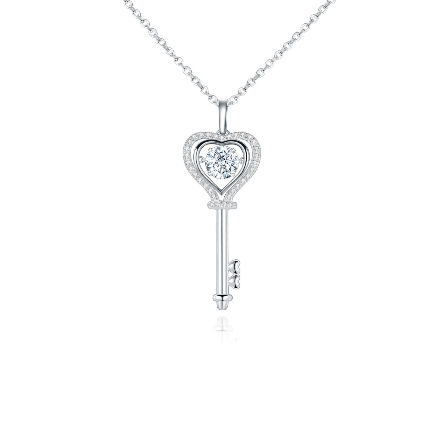 925 Sterling Silver, Moissanite Stone Heart Shaped Key Pendant Necklace - Fashion Quality Boutik