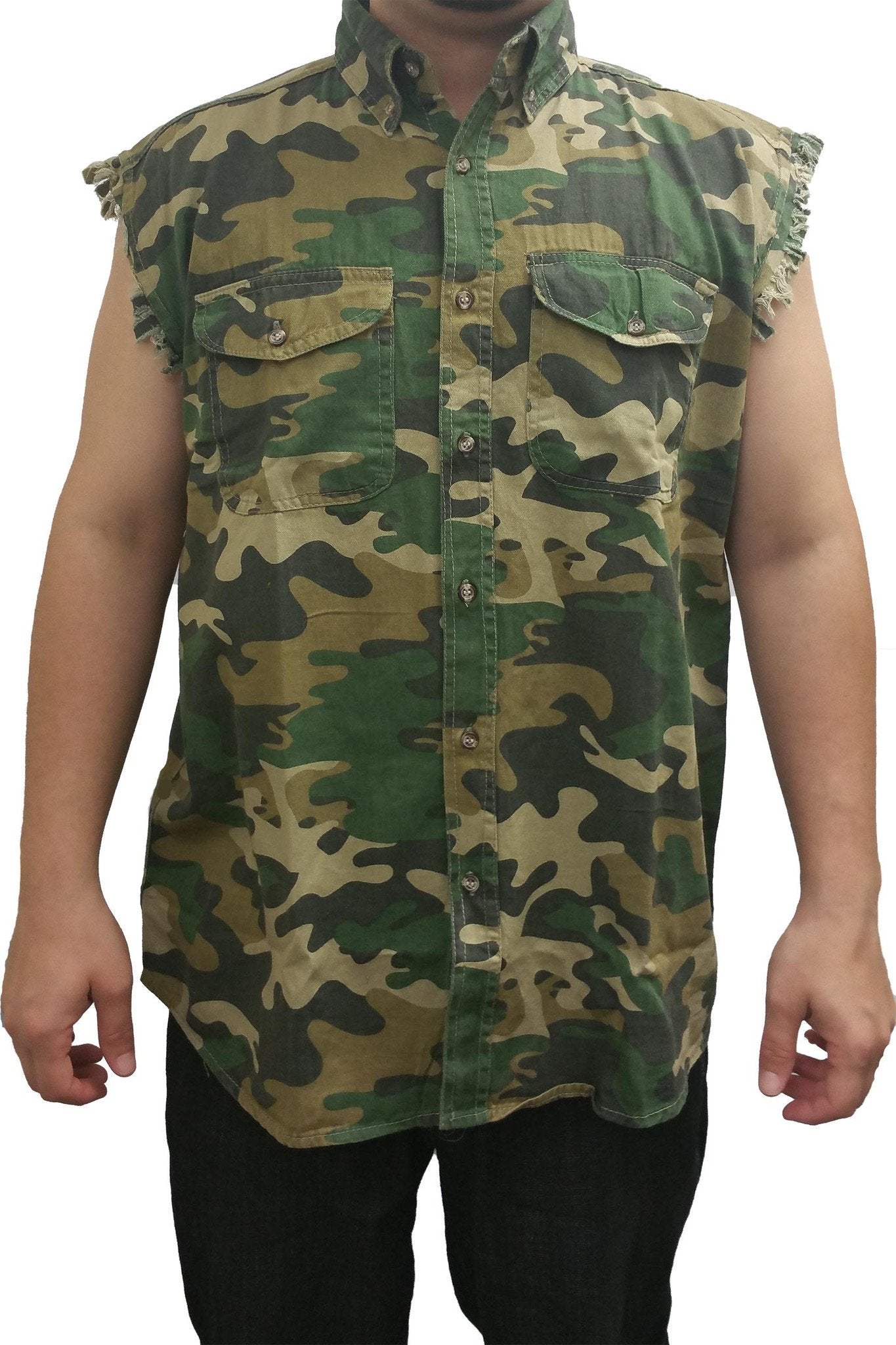 Men's Camo Sleeveless Denim Shirt Camouflage Shirt 2 Front Pockets - Fashion Quality Boutik
