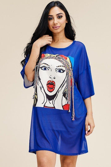 Short Sleeve Mesh Tunic Dress With Patch On The Front - Fashion Quality Boutik