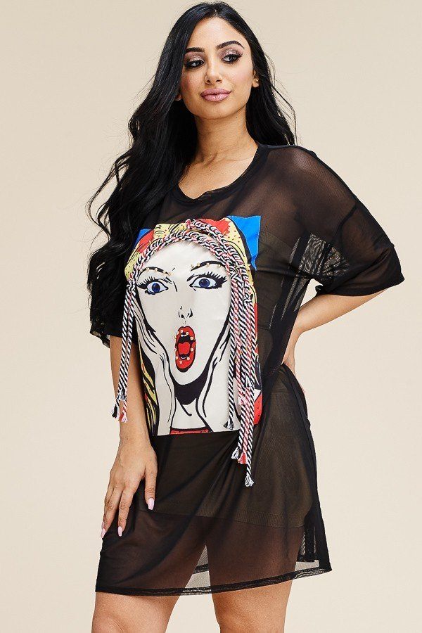 Short Sleeve Mesh Tunic Dress With Patch On The Front - Fashion Quality Boutik