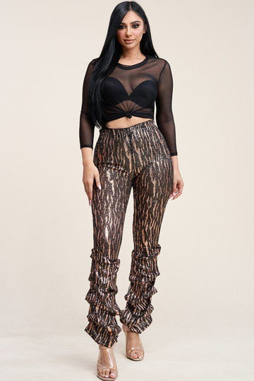 Sequin High Rise Stacked Pant And 3/4 Sleeve Power Mesh Top Two Piece Set - Fashion Quality Boutik