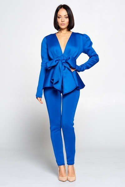 Long Sleeve Deep V Neckline Top With Waist Tie To Make A Bow Detail Paired With Elastic Waist Pants - Fashion Quality Boutik