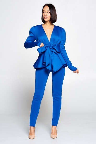 Long Sleeve Deep V Neckline Top With Waist Tie To Make A Bow Detail Paired With Elastic Waist Pants - Fashion Quality Boutik