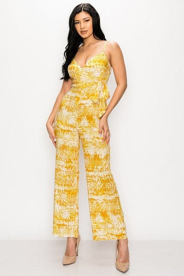 Tropical Leaf Print Tie Waist Jumpsuit - Fashion Quality Boutik