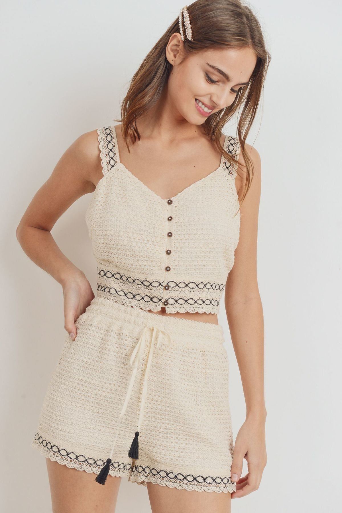 Knit Laced Buttoned Shoulder Strap Top - Fashion Quality Boutik