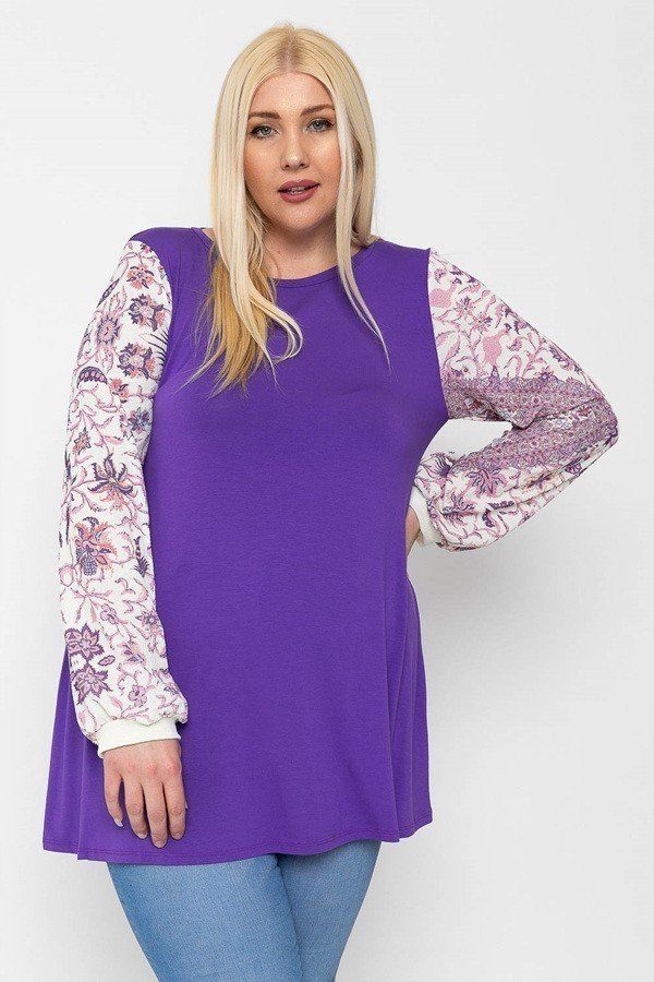 Floral Print, Contrasting Bubble Sleeves Tunic With A Round Neckline. - Fashion Quality Boutik
