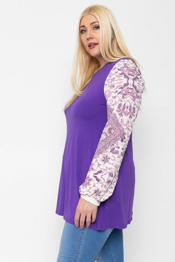 Floral Print, Contrasting Bubble Sleeves Tunic With A Round Neckline. - Fashion Quality Boutik