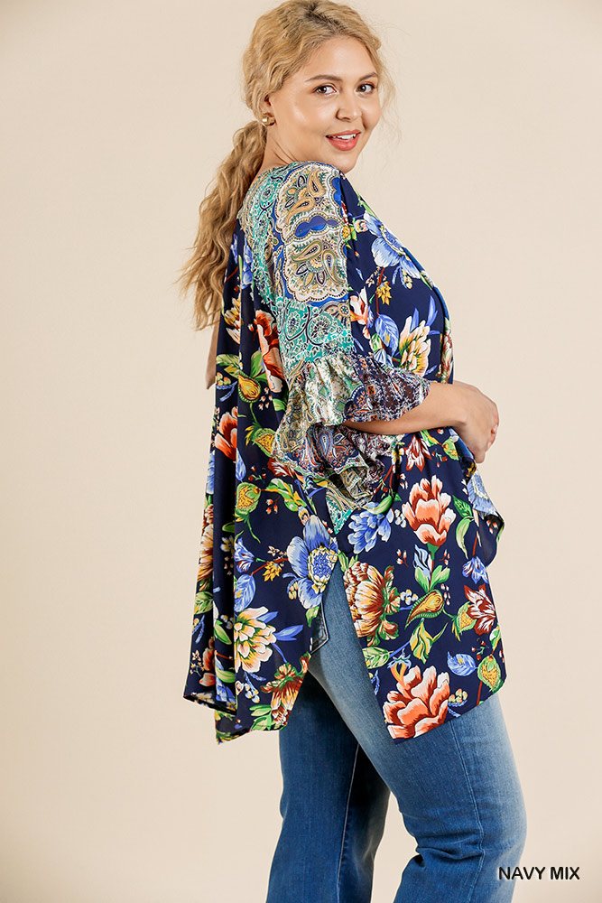 Floral Mixed Print Ruffle Bell Sleeve Open Front Kimono With Side Slits - Fashion Quality Boutik