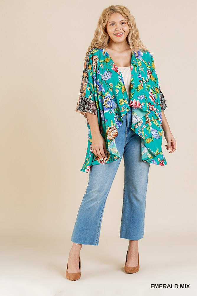 Floral Mixed Print Ruffle Bell Sleeve Open Front Kimono With Side Slits - Fashion Quality Boutik