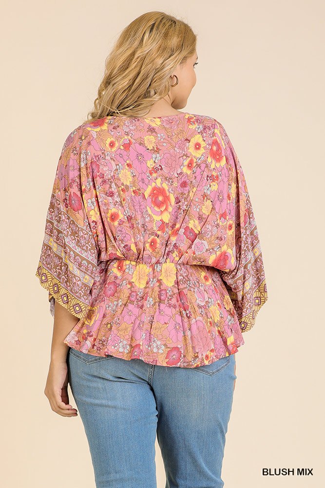 Floral Scarf Mixed Print Kimono Sleeve Round Neck Peplum Hem Top - Fashion Quality Boutik