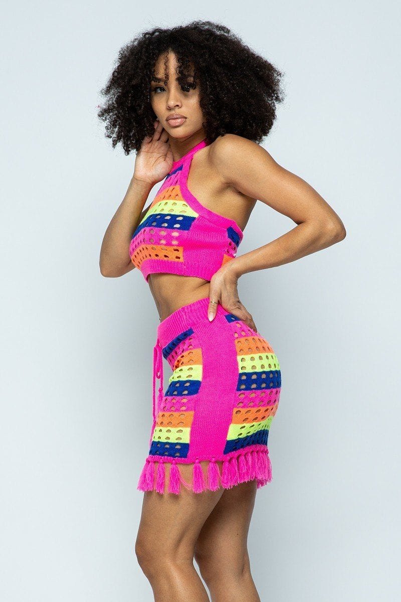 Striped Multi Color Laser Cut Cropped Halter Top/short Skirt Knit 2 Piece Set With Tassels - Fashion Quality Boutik