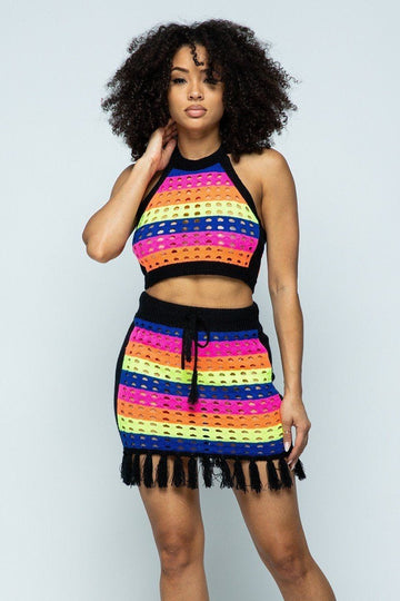 Striped Multi Color Laser Cut Cropped Halter Top/short Skirt Knit 2 Piece Set With Tassels - Fashion Quality Boutik