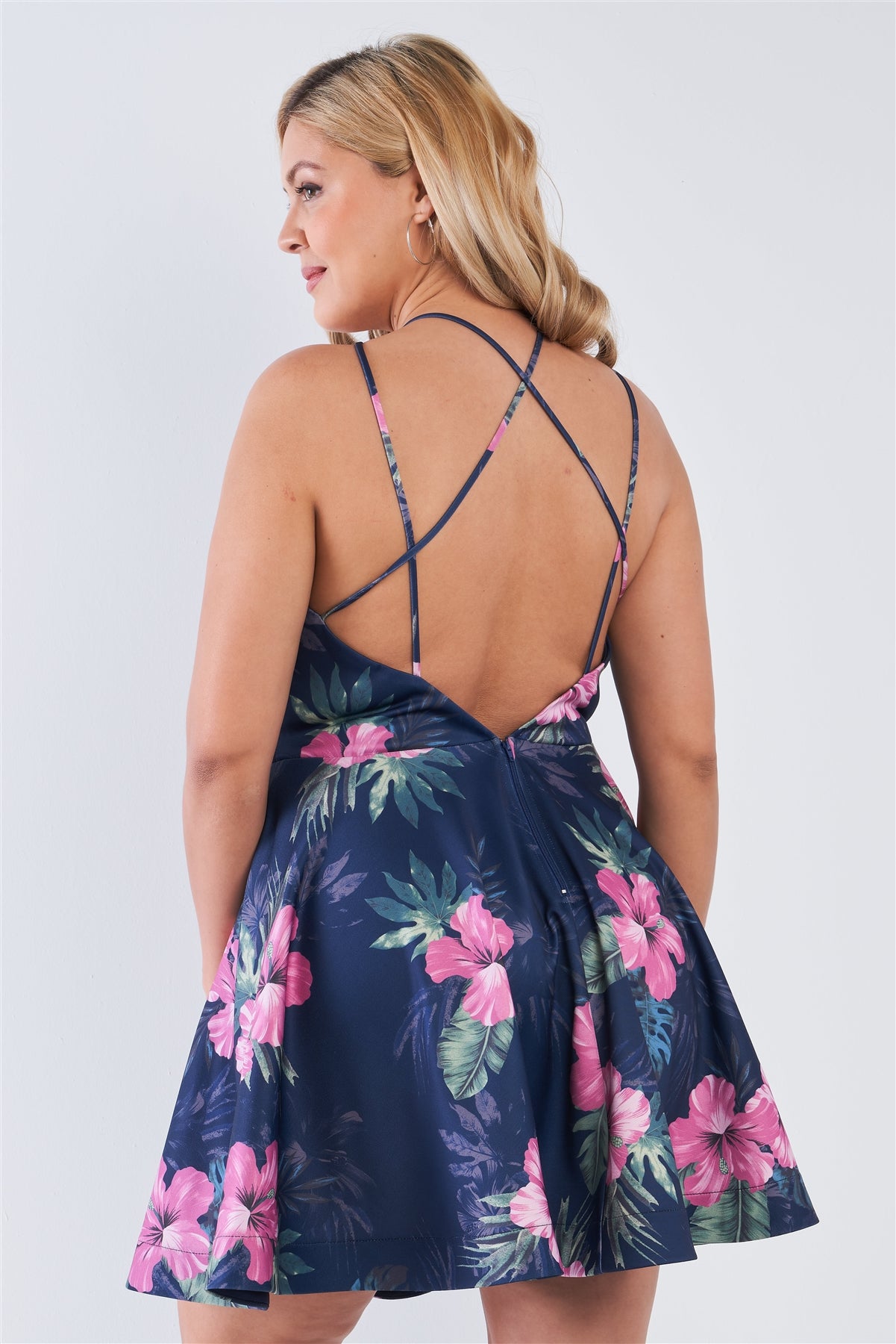 Plus Size Tropical Print Square Neckline Strappy Open Back Flare Mini Dress - Fashion Quality Boutik