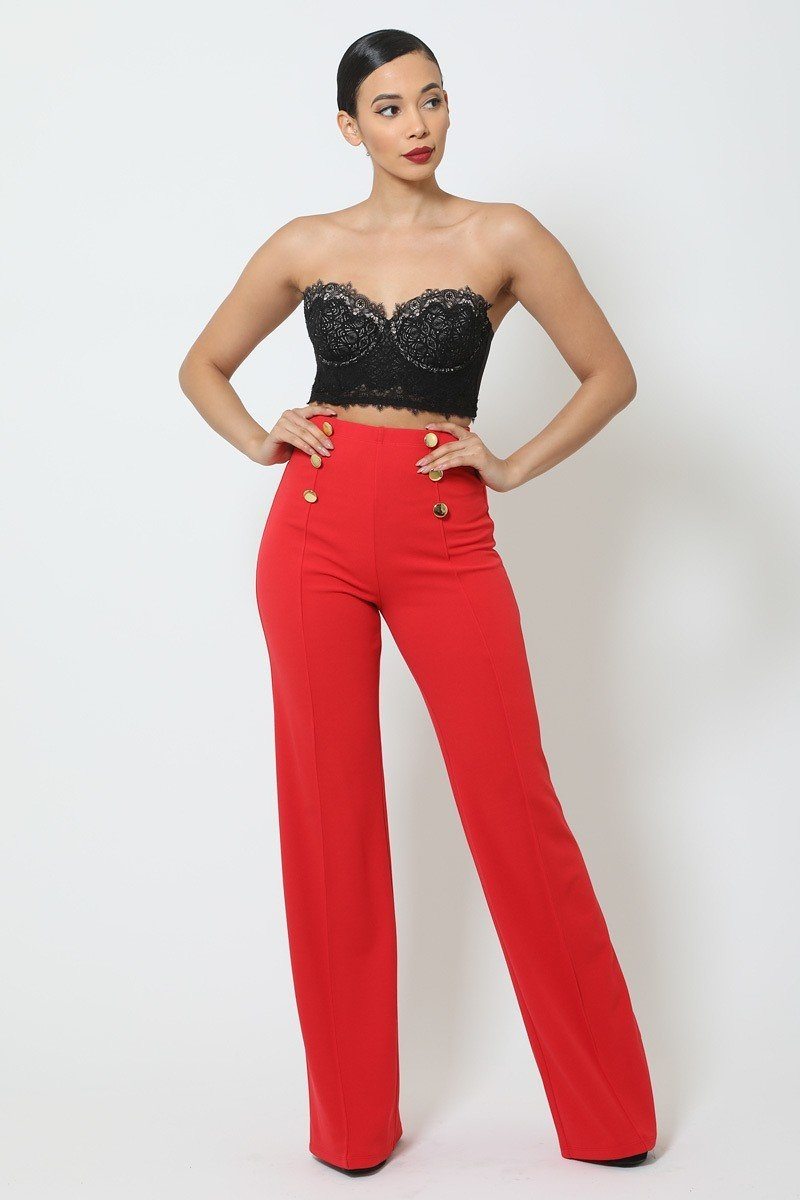 High-waist Crepe Pants With Buttons - Fashion Quality Boutik