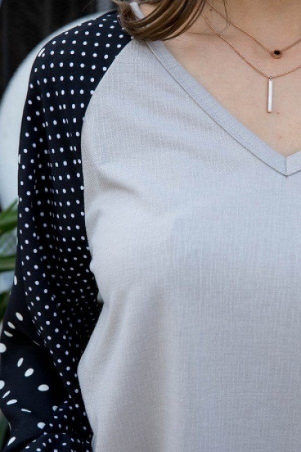 V Neck Contrast Woven Dot Print Long Sleeve Knit Top - Fashion Quality Boutik