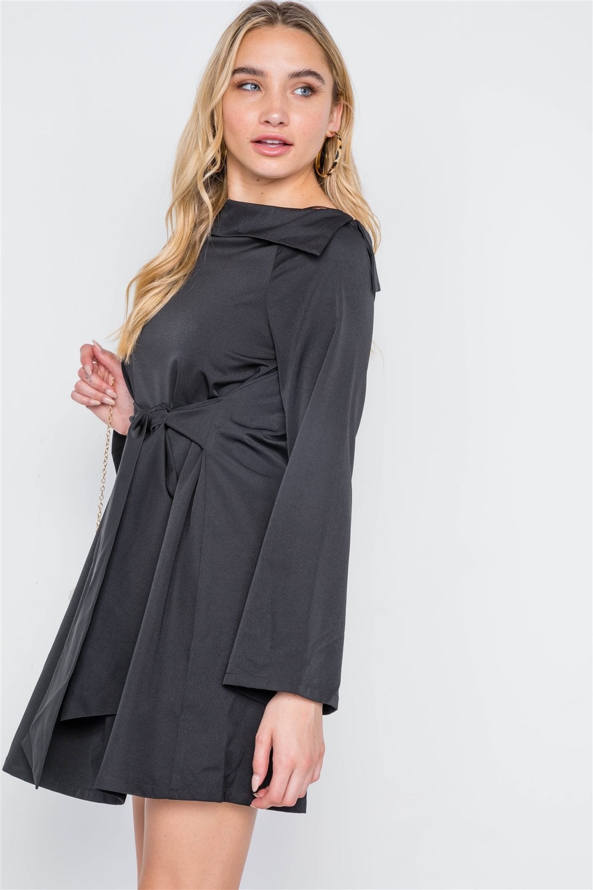 Straight Neck Solid Front-tie Dress - Fashion Quality Boutik