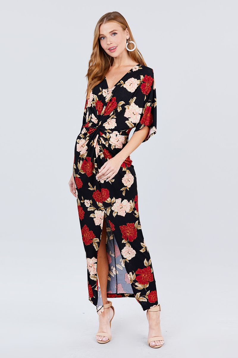 Short Dolman Sleeve V-neck Front Knot And Slit Print Knit Long Dress - Fashion Quality Boutik