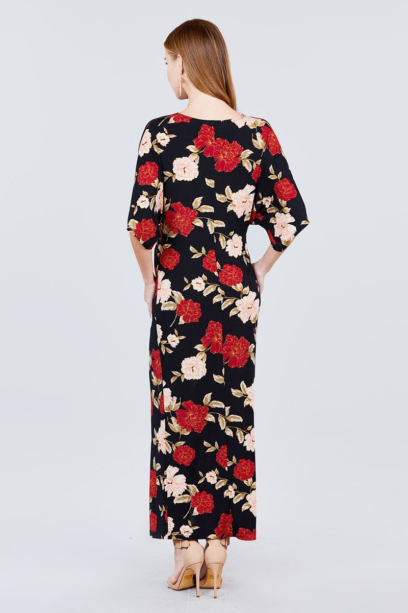 Short Dolman Sleeve V-neck Front Knot And Slit Print Knit Long Dress - Fashion Quality Boutik