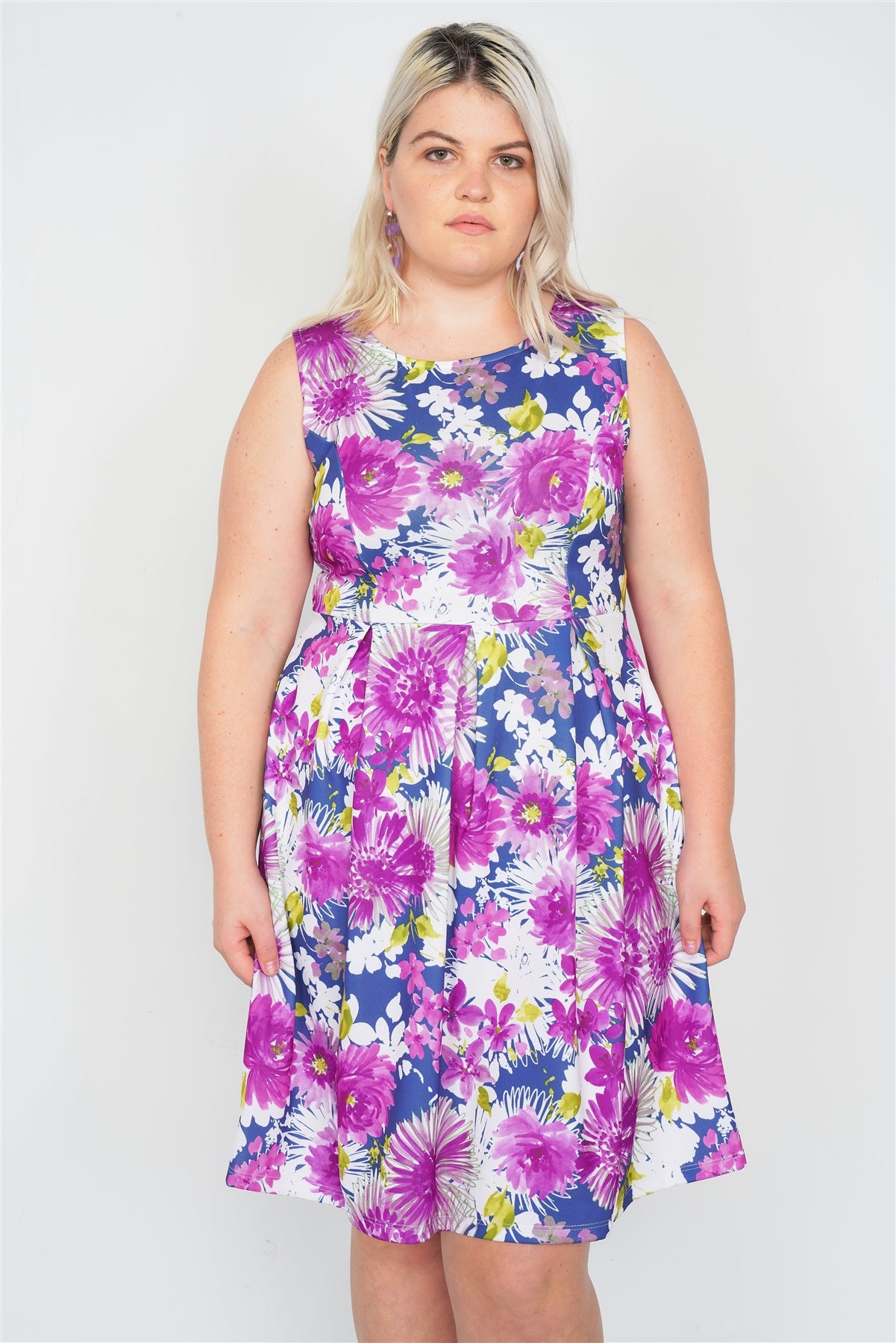 Plus Size Purple Navy Watercolor Floral Print Casual Midi Dress - Fashion Quality Boutik