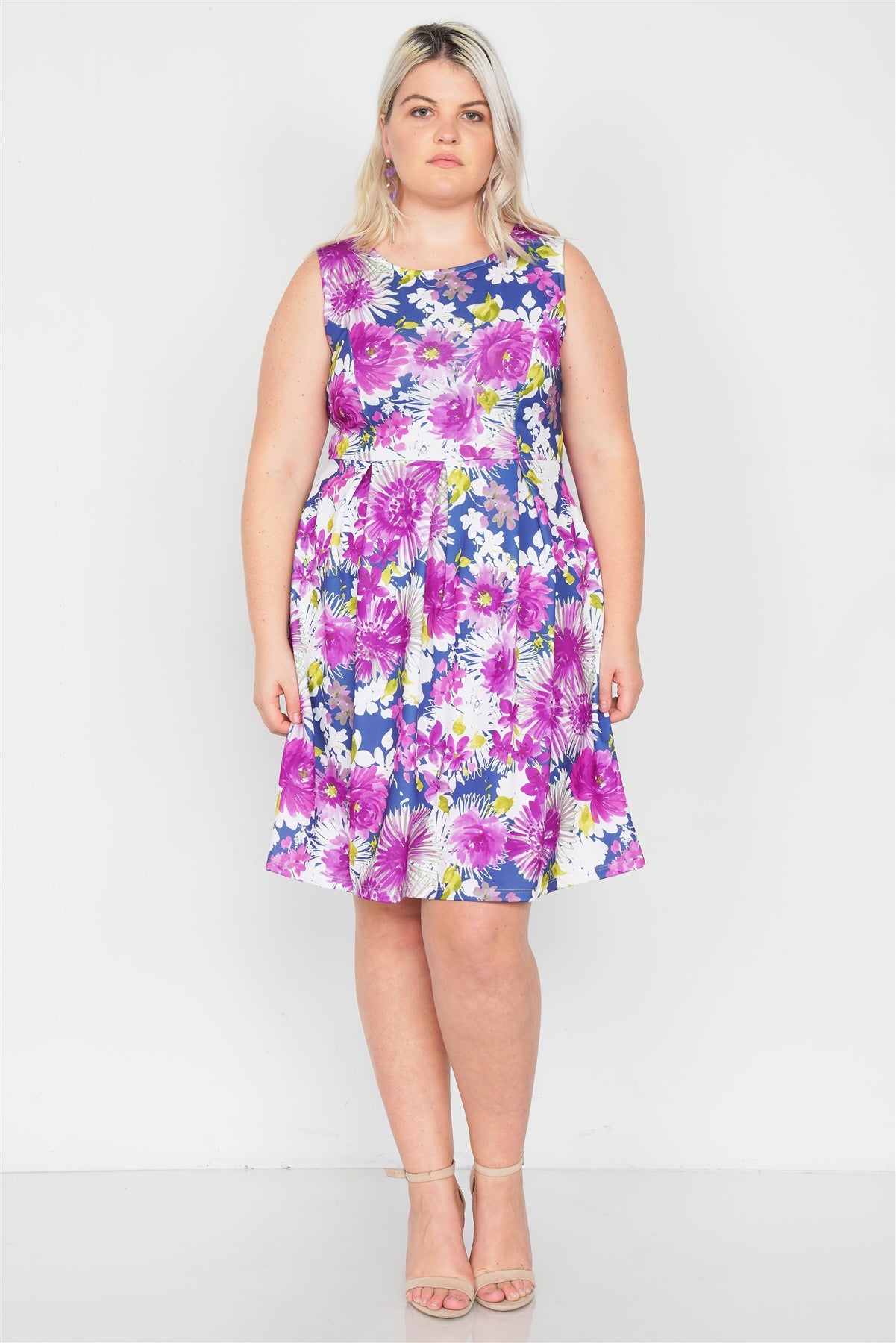 Plus Size Purple Navy Watercolor Floral Print Casual Midi Dress - Fashion Quality Boutik