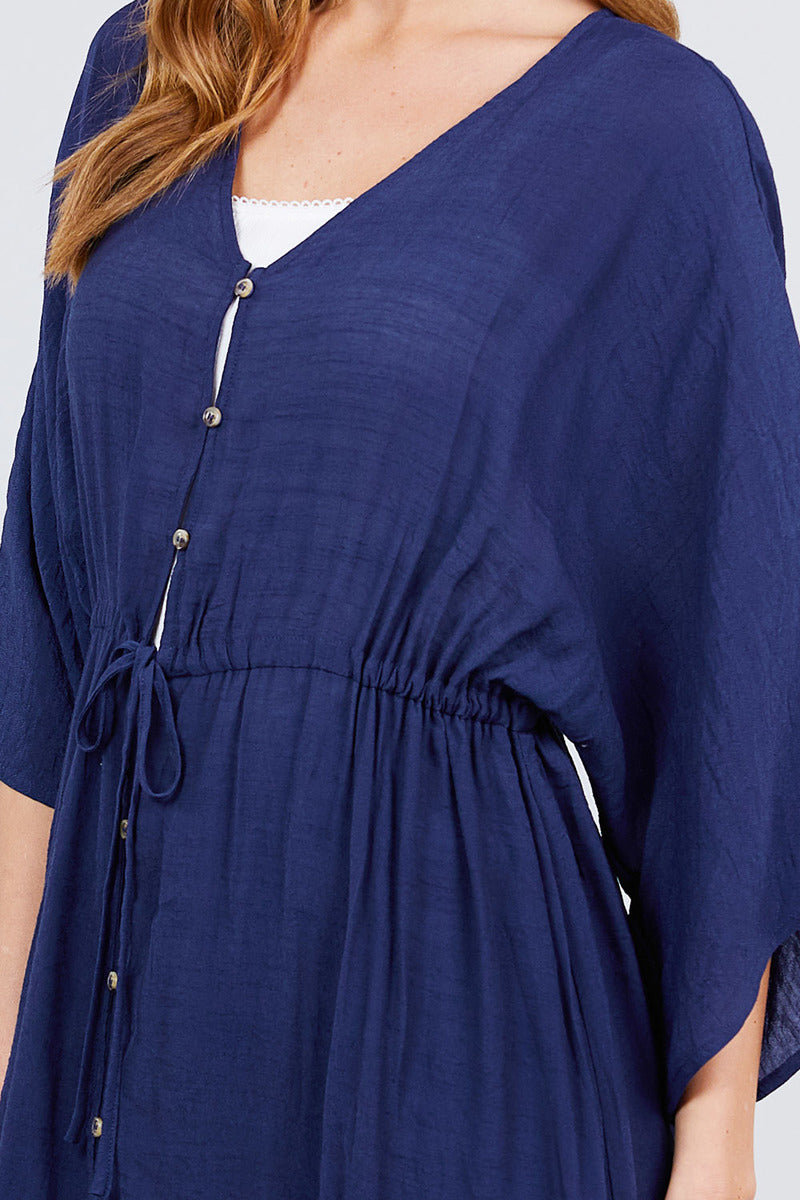 Elbow Sleeve Waist Ribbon Tie Button Down Long Woven Cardigan - Fashion Quality Boutik