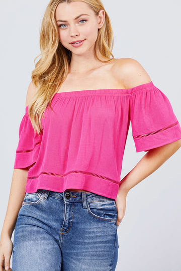 Elbow Sleeve Off The Shoulder Lace Trim Woven Top - Fashion Quality Boutik
