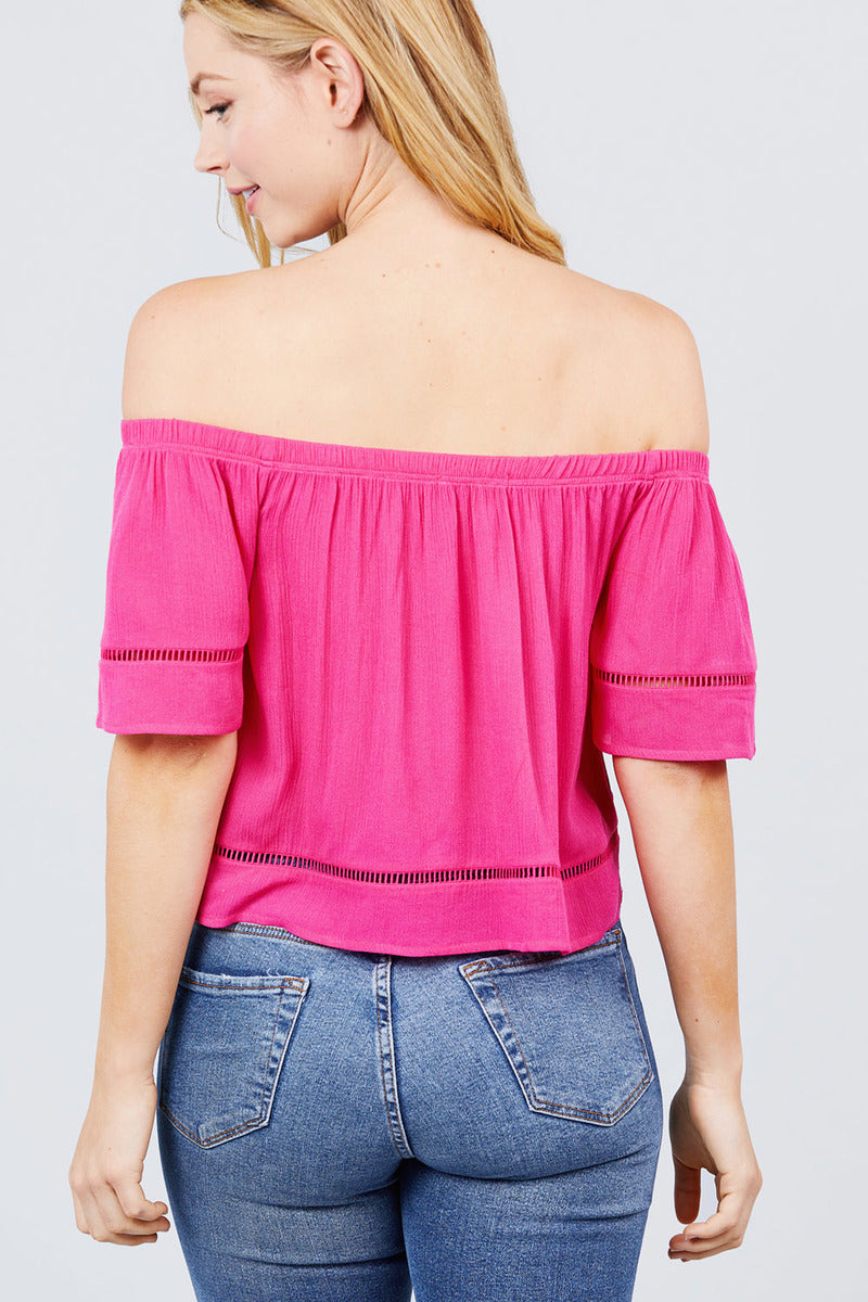 Elbow Sleeve Off The Shoulder Lace Trim Woven Top - Fashion Quality Boutik