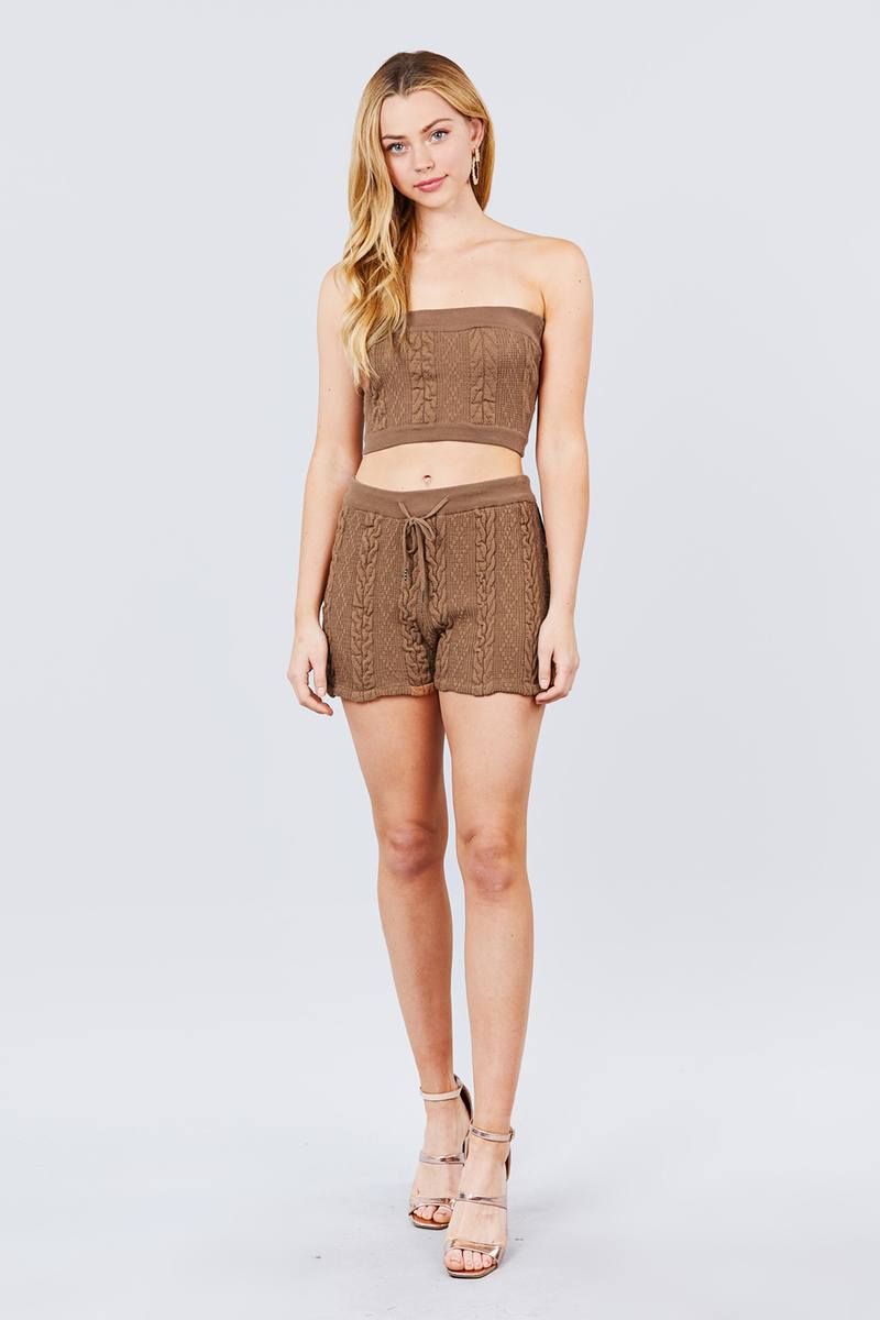 Cable Detail Sweater Tube Top And Sweater Short Pants Set - Fashion Quality Boutik