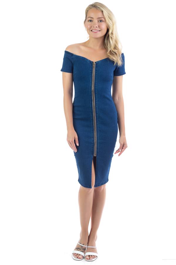 Off Shoulder Zip-front Denim Dress - Fashion Quality Boutik