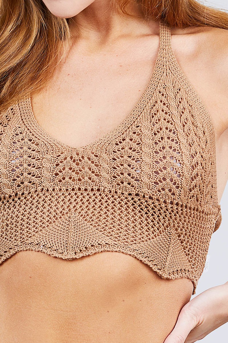 Deep V-neck Back Tied Crochet Cropped Sweater Bra Top - Fashion Quality Boutik