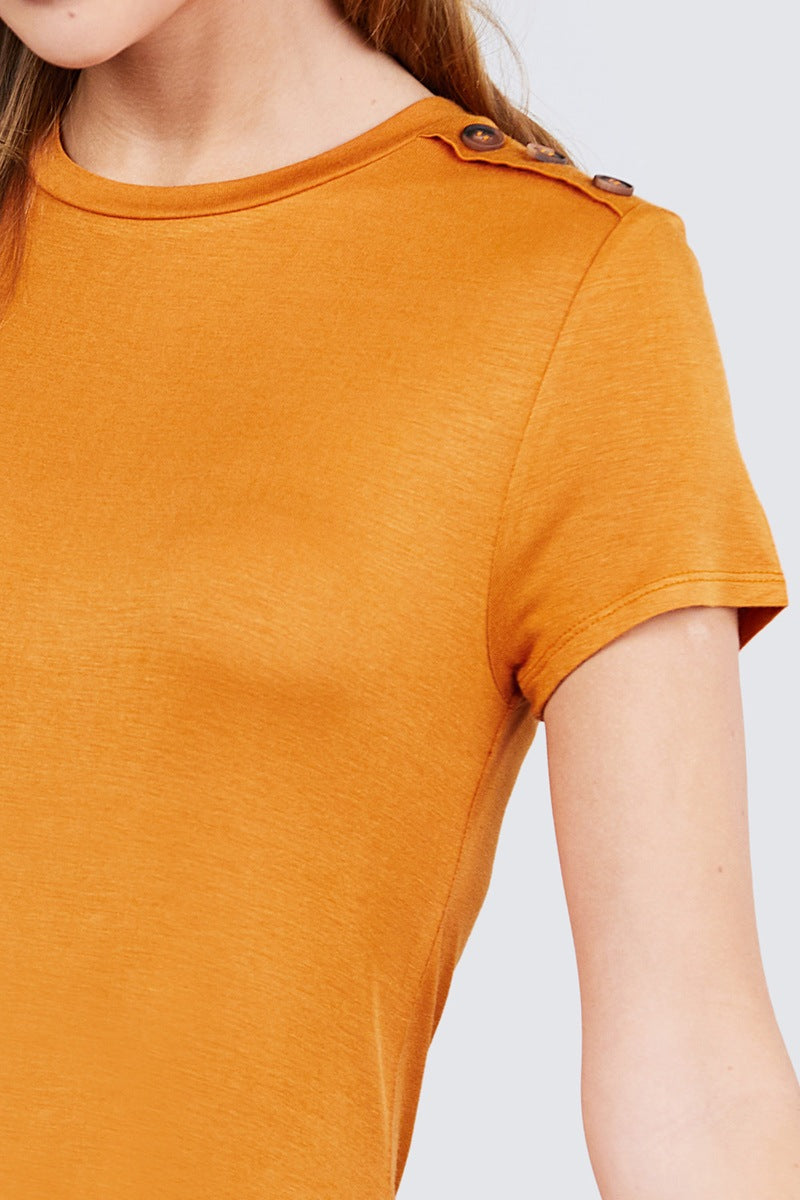 Short Sleeve Crew Neck W/shoulder Button Detail Rayon Spandex Top - Fashion Quality Boutik