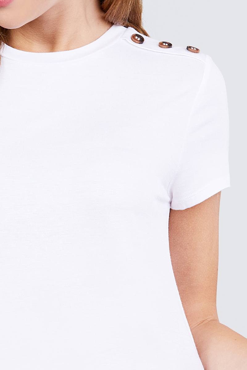 Short Sleeve Crew Neck W/shoulder Button Detail Rayon Spandex Top - Fashion Quality Boutik