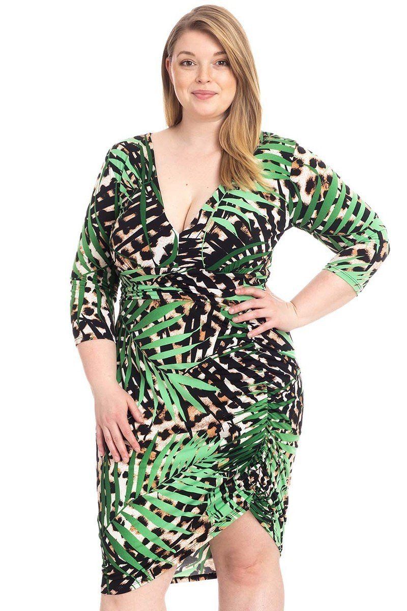 Plus Size Leopard Print With Tropical Leaf Print Bodycon Dress - Fashion Quality Boutik